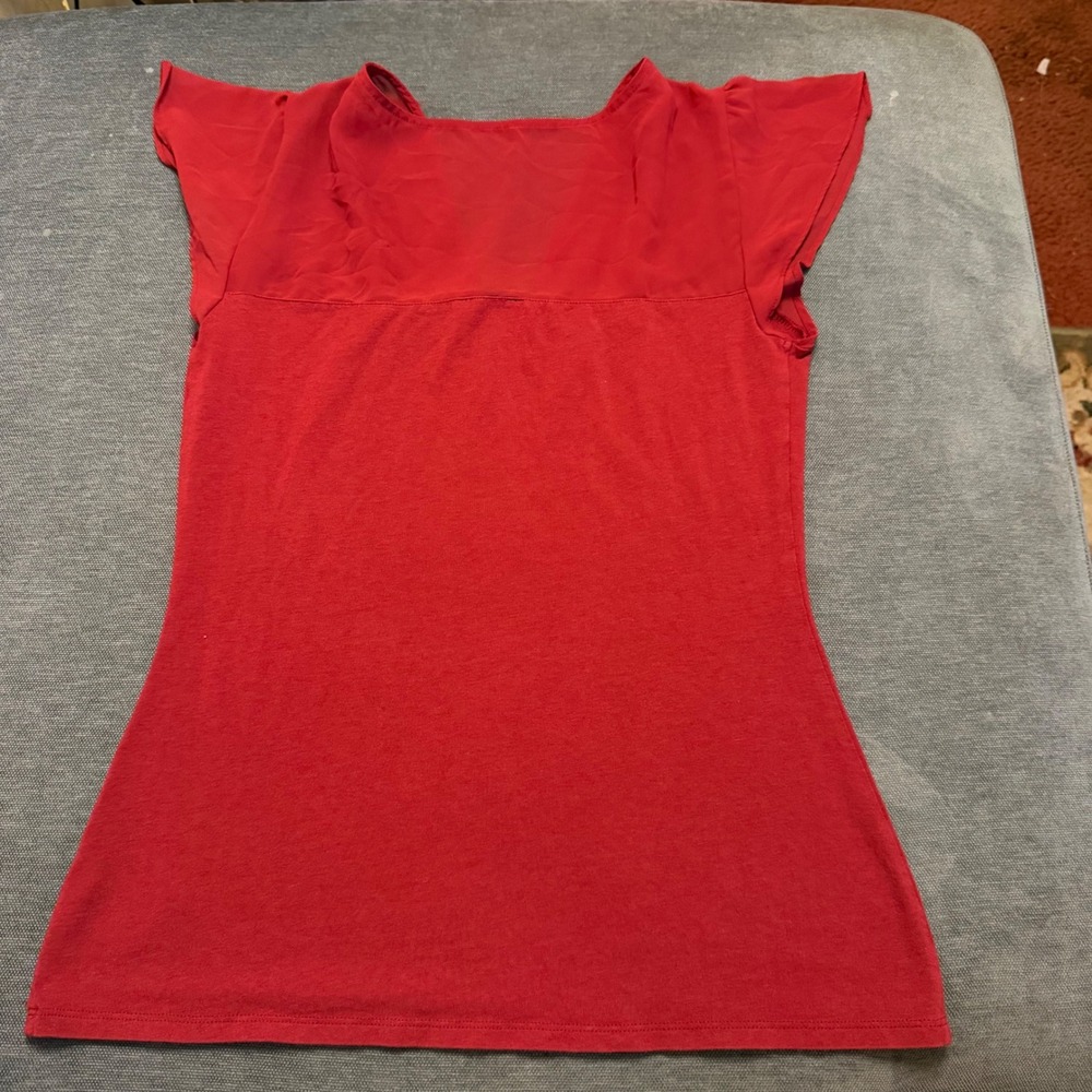 Express‎ Red Mixed Media Flutter Sleeve V-Neck Top Cotton Modal Blend Medium